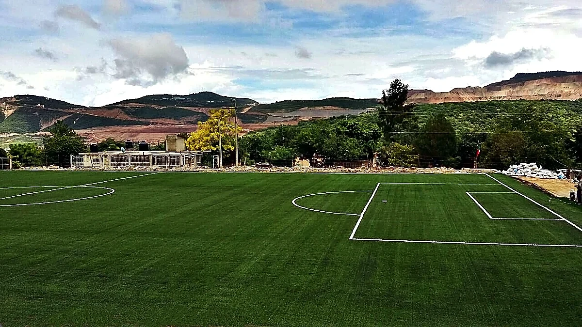 Detalle del pasto sintético de la cancha de fútbol soccer en Carrizalillo, Guerrero