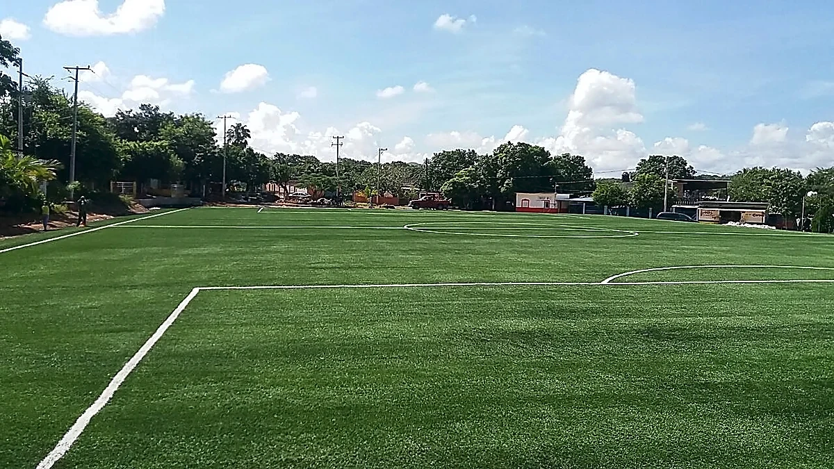Cancha de fútbol soccer con pasto sintético en Campo Deportivo Palos Altos, Guerrero: la cancha desdel fondo