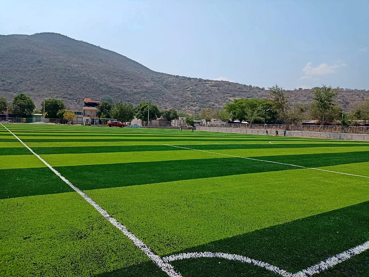 Cancha de fútbol soccer con pasto sintético en Empresa KRONON, Mártir de Cuilapan, Guerrero: la cancha desde la línea lateral