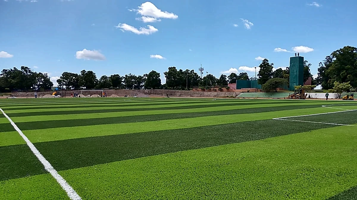 Cancha de fútbol soccer con pasto sintético en Unidad Deportiva de Ayutla, Guerrero: líneas de juego insertadas en el pasto