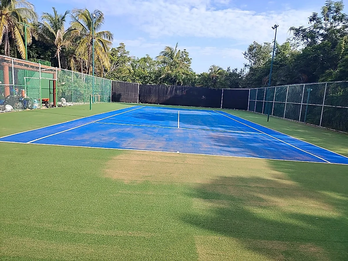 Detalle del pasto sintético de la cancha de tenis en Zihuatanejo, Guerrero