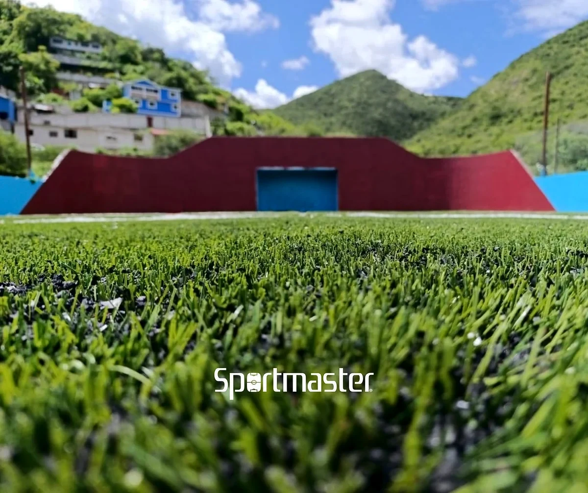 Cancha de fútbol 5 con pasto sintético en Jacala de Ledezma, Hidalgo: la cancha desde la línea lateral