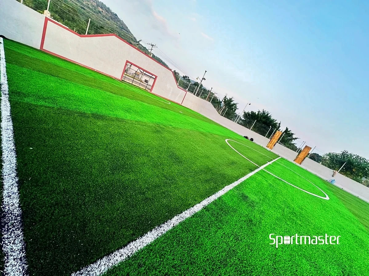 Cancha de fútbol 5 con pasto sintético en Unidad Deportiva Chico Domínguez, Actopan, Hidalgo: la cancha desde la línea lateral