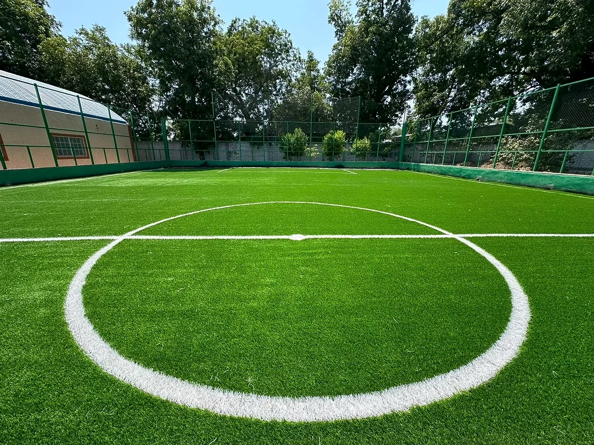 Cancha de fútbol 7 con pasto sintético en Cancha los Pavorreales, Tecozautla, Hidalgo: pasto sintético deportivo recién cepillado