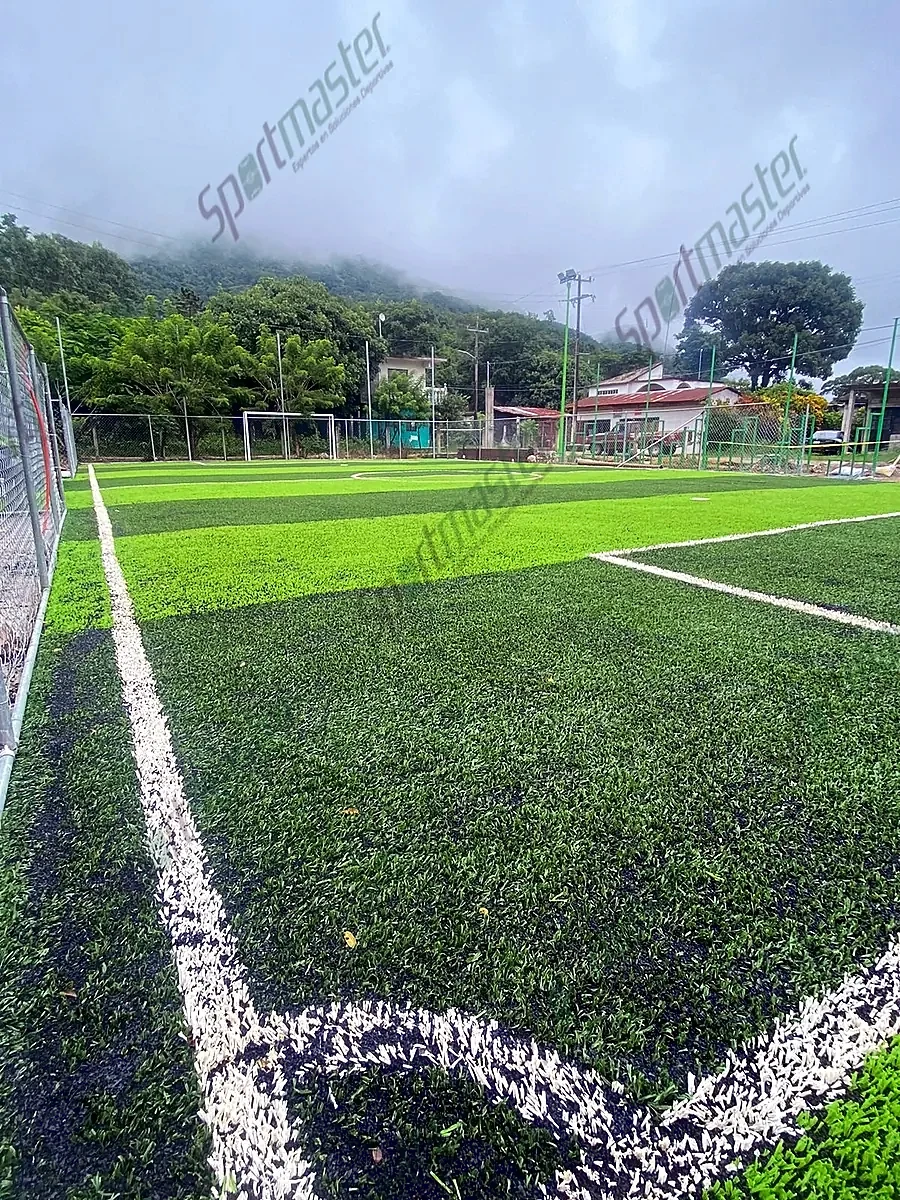Esquina con línea blanca en cancha de fútbol 5 con pasto sintético en Xilitla