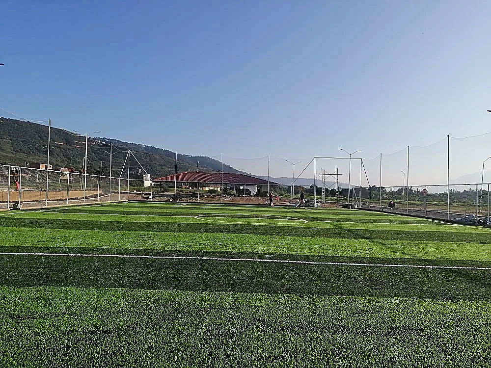 Cancha de fútbol 5 con pasto sintético en Ciudad Guzmán, Jalisco: la cancha desde la línea lateral