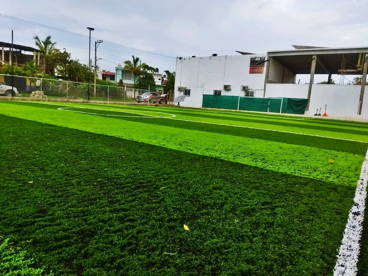 Cancha de fútbol 7 con pasto sintético en Edificio Club Vallarta, Puerto Vallarta, Jalisco: pasto sintético deportivo recién cepillado
