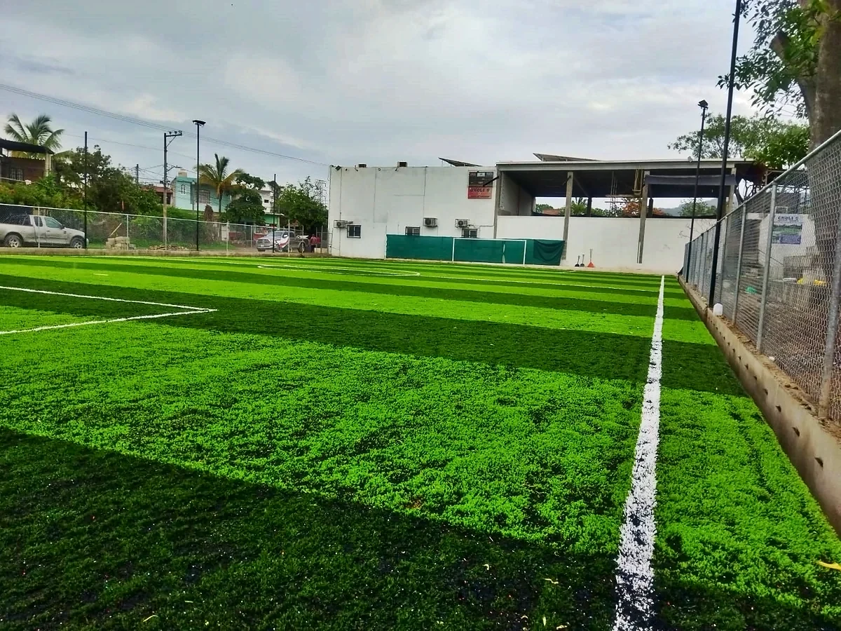 Cancha de fútbol 7 con pasto sintético en Edificio Club Vallarta, Puerto Vallarta, Jalisco: la cancha desdel fondo