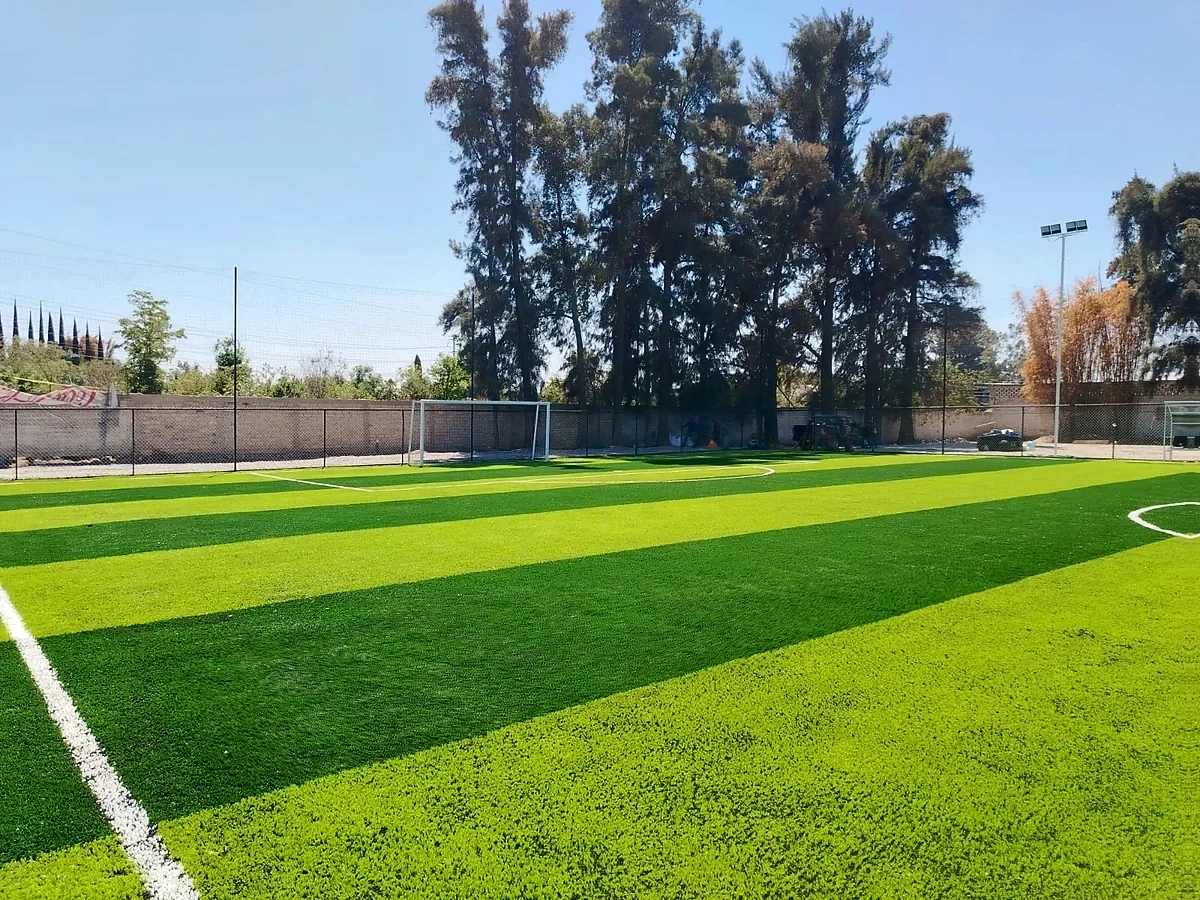 Cancha de fútbol 7 con pasto sintético en Zapopan, Jalisco: líneas de juego insertadas en el mismo pasto