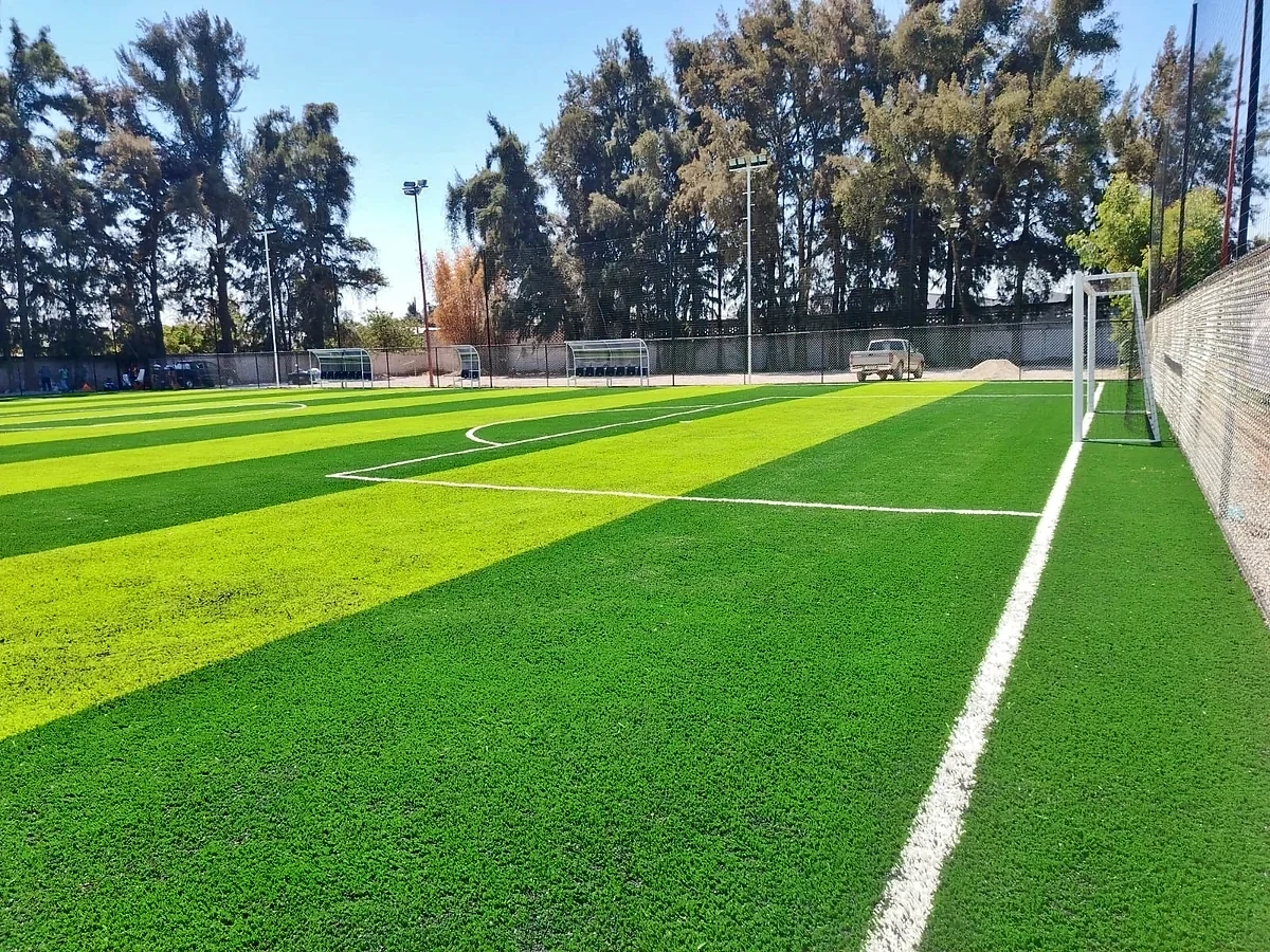 Detalle del pasto sintético de la cancha de fútbol 7 en Zapopan, Jalisco