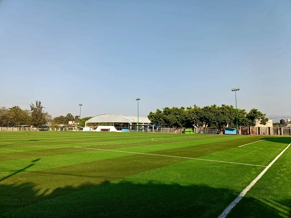 Detalle del pasto sintético de la cancha de fútbol soccer en Benito Juárez, Michoacán