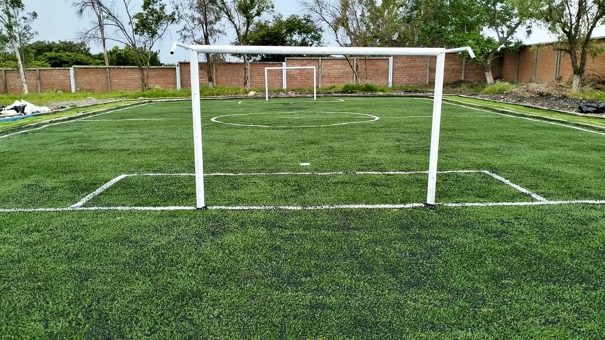 Cancha de fútbol 5 con pasto sintético en Escuela Primaria Miguel Hidalgo, Tlayecac, Morelos: la cancha desdel fondo