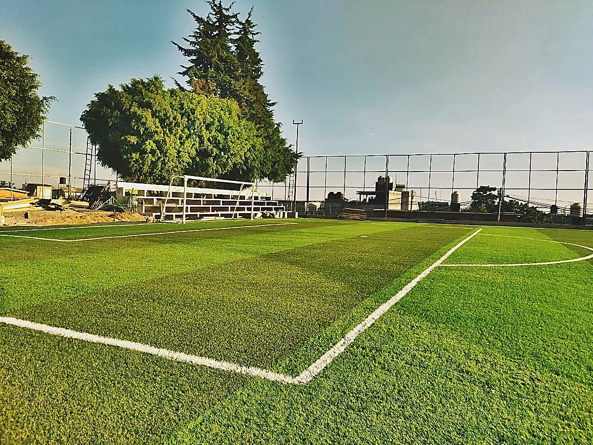 Cancha de fútbol soccer con pasto sintético en Unidad Deportiva de Tetela del Volcán, Morelos: la cancha desdel fondo