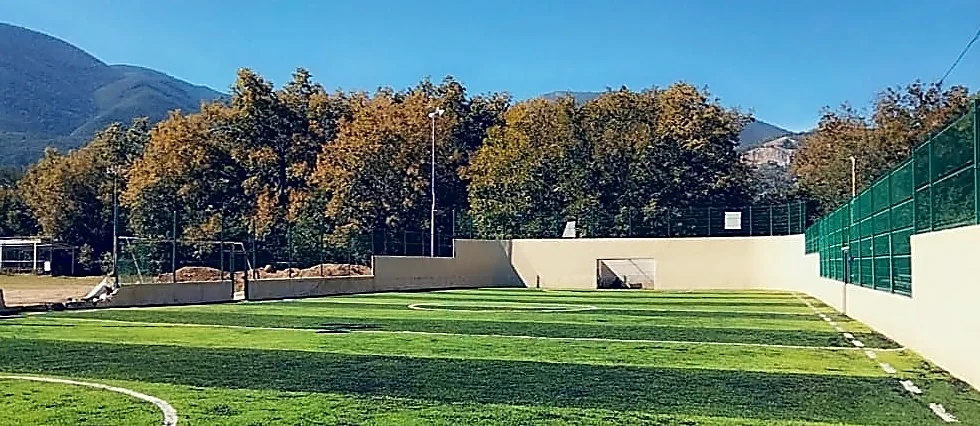 Detalle del pasto sintético de la cancha de fútbol 5 en Zaragoza, Nuevo León