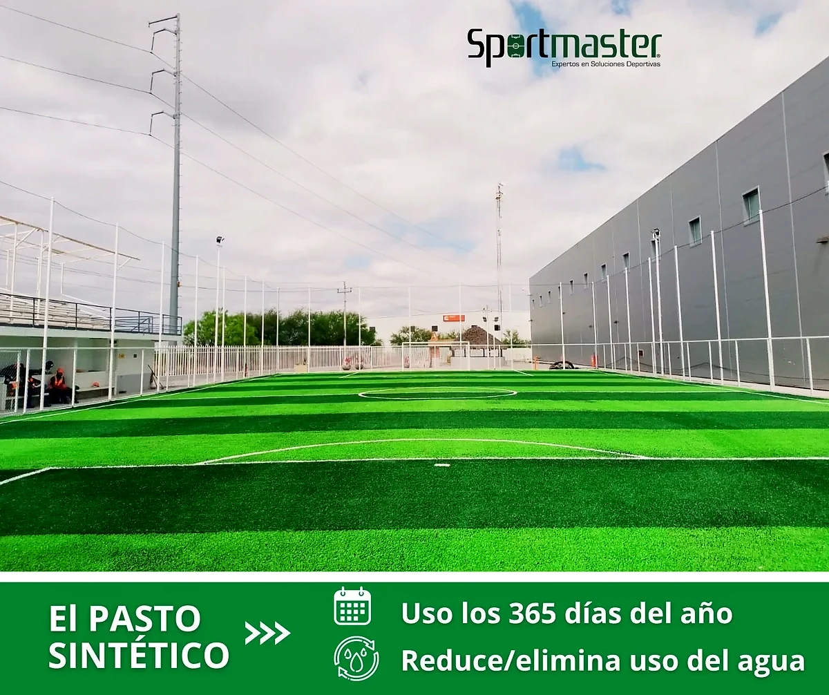 Cancha de fútbol 7 con pasto sintético en Planta industrial, Ciénega de Flores, Nuevo León: líneas de juego insertadas en el mismo pasto