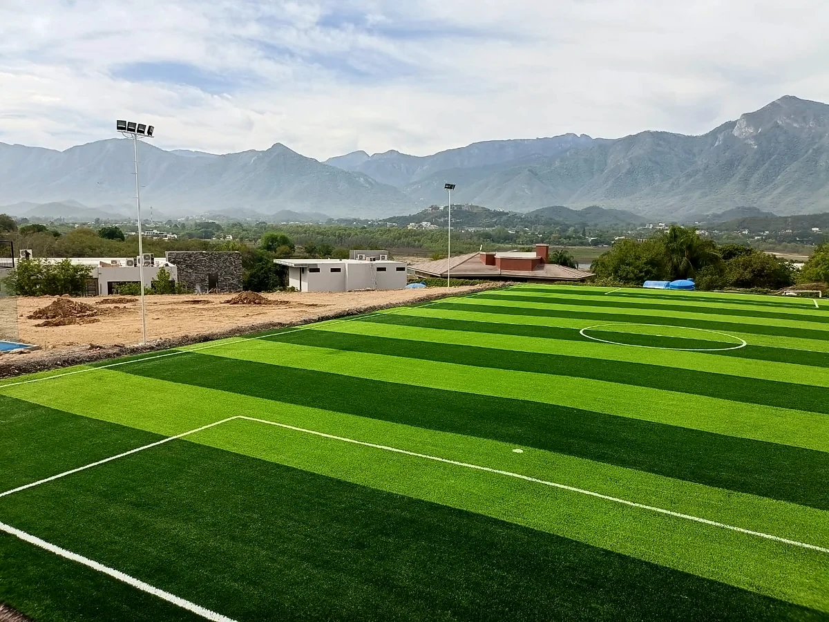 Cancha de fútbol 7 con pasto sintético en Santiago, Nuevo León: la cancha desde la línea lateral