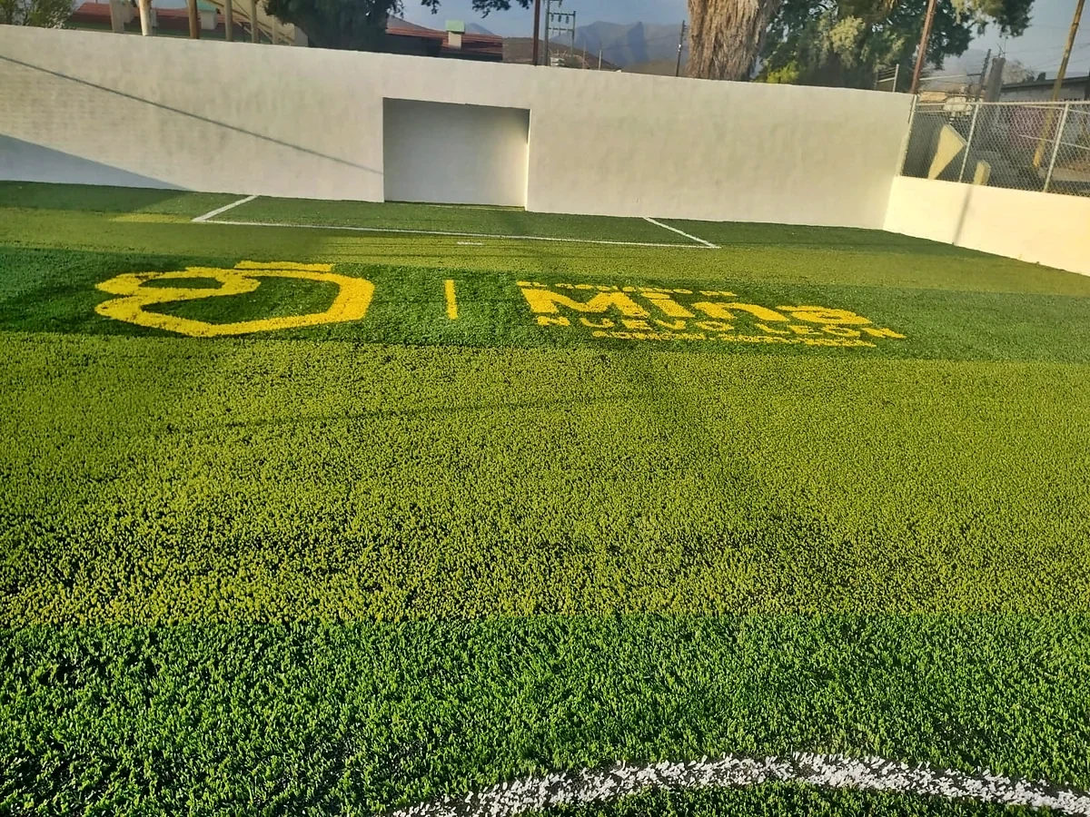 Cancha de fútbol rápido con pasto sintético en Mina, Nuevo León: vista de la cancha y su entorno