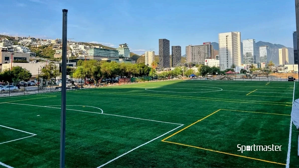 Detalle del pasto sintético de la cancha de fútbol soccer en San Pedro Garza García, Nuevo León