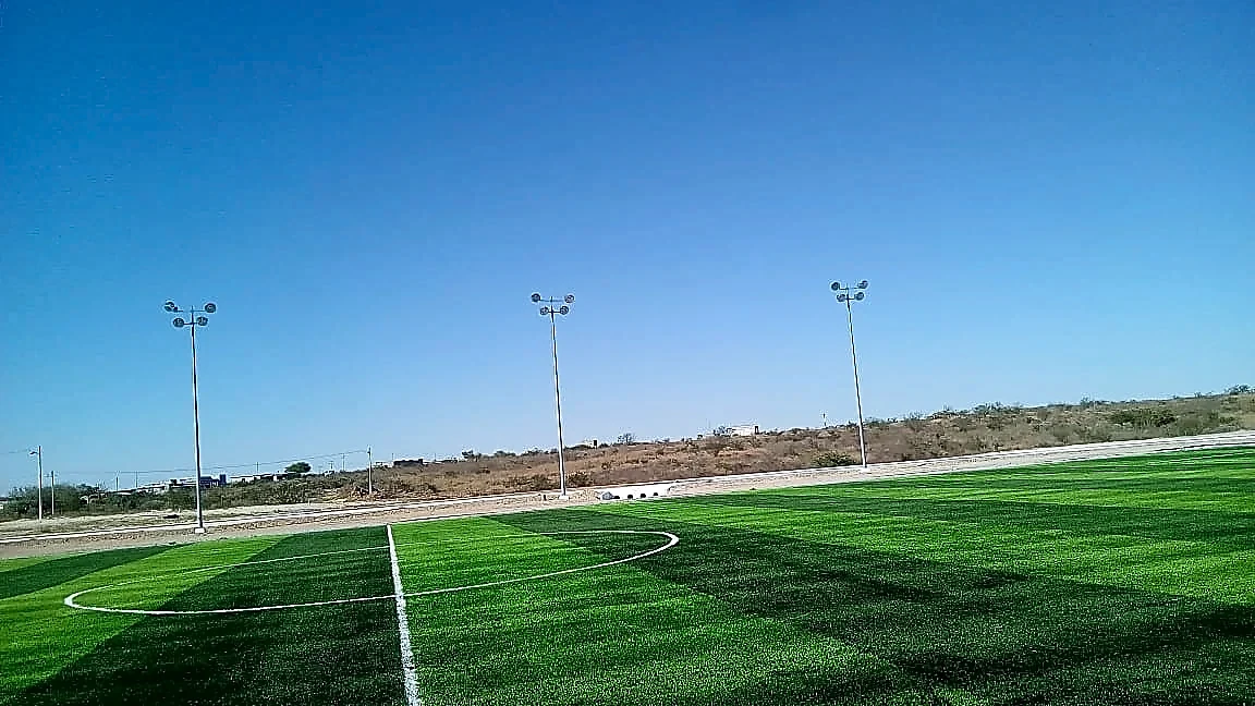 Cancha de fútbol soccer con pasto sintético en General Bravo, Nuevo León: líneas de juego insertadas en el pasto