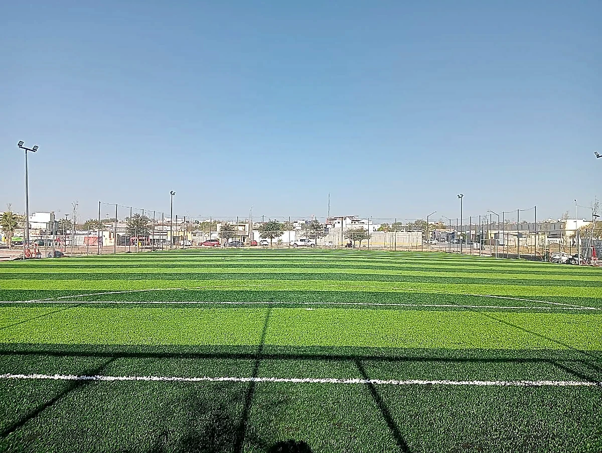 Cancha de fútbol soccer con pasto sintético en Macroparque San Martin Cantoral, Pesquería, Nuevo León: líneas de juego insertadas en el pasto