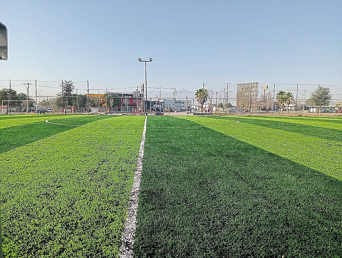 Cancha de fútbol soccer con pasto sintético en Macroparque San Martin Cantoral, Pesquería, Nuevo León: pasto sintético deportivo recién cepillado