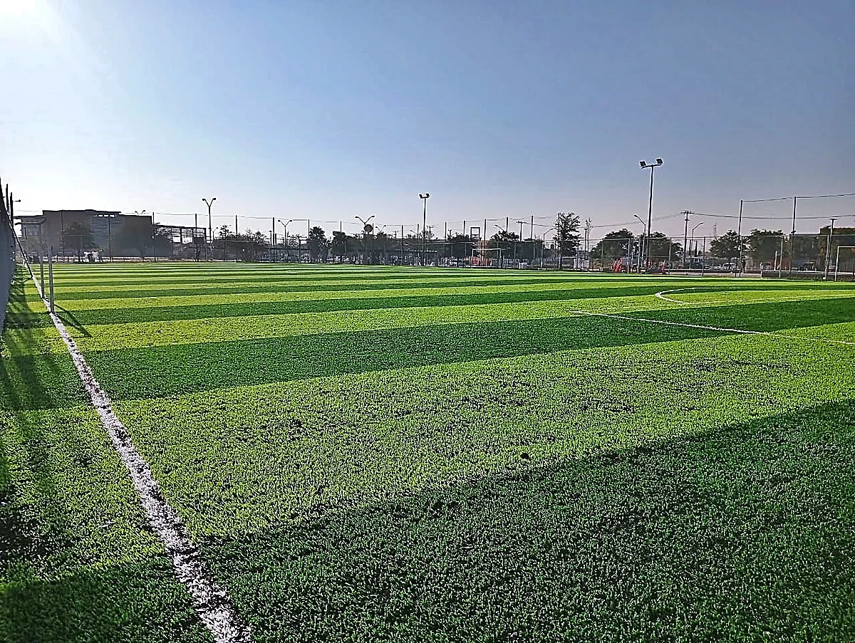 Detalle del pasto sintético de la cancha de fútbol soccer en Pesquería, Nuevo León