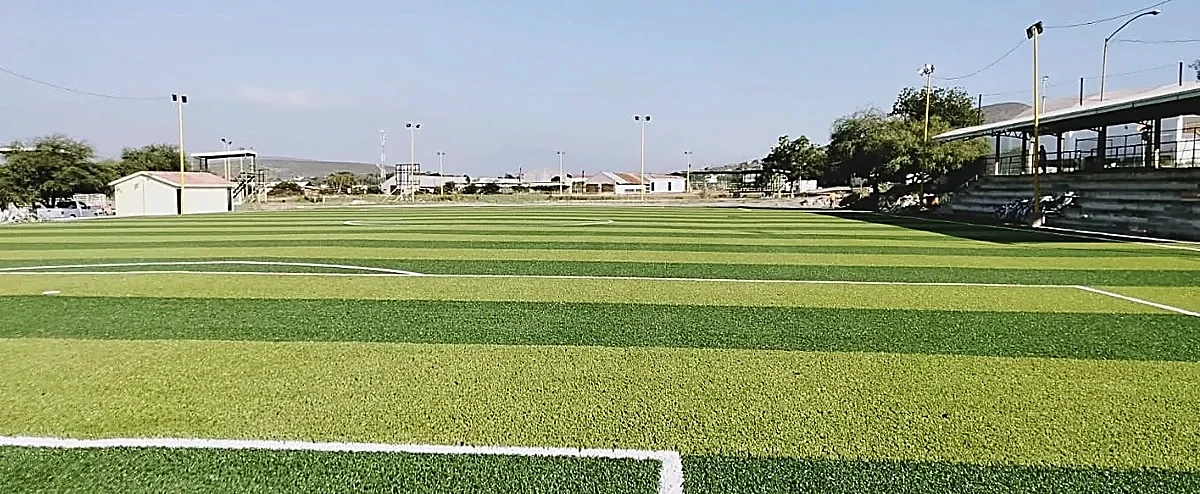 Detalle del pasto sintético de la cancha de fútbol soccer en Mina, Nuevo León