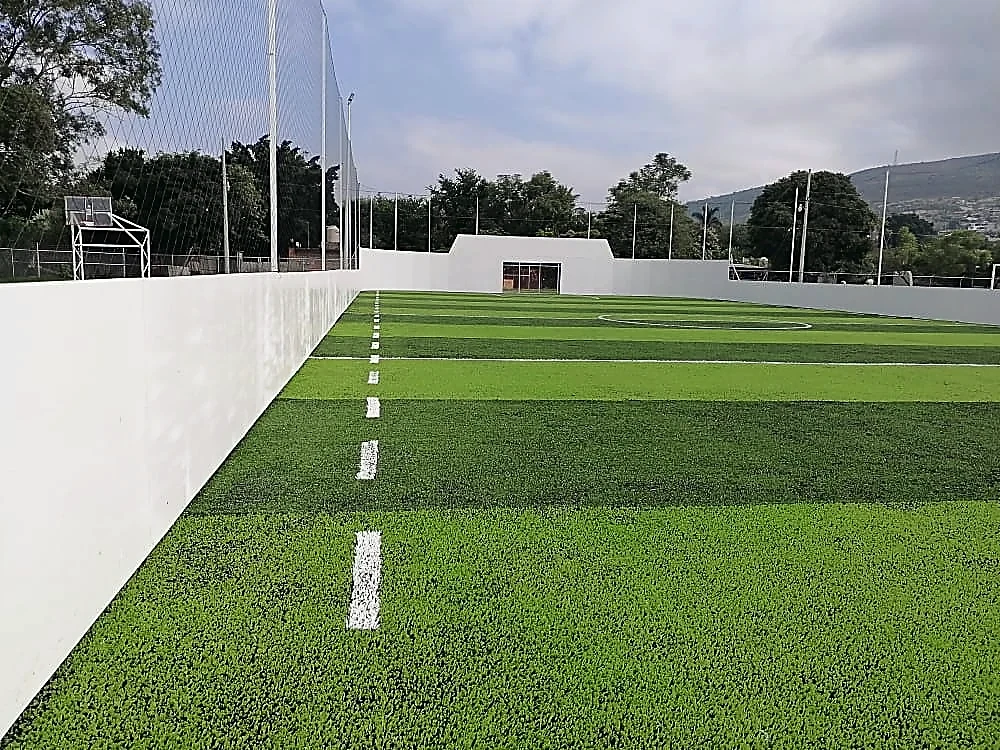 Cancha de fútbol 7 con pasto sintético en Ánimas Trujano, Oaxaca: la cancha desdel fondo