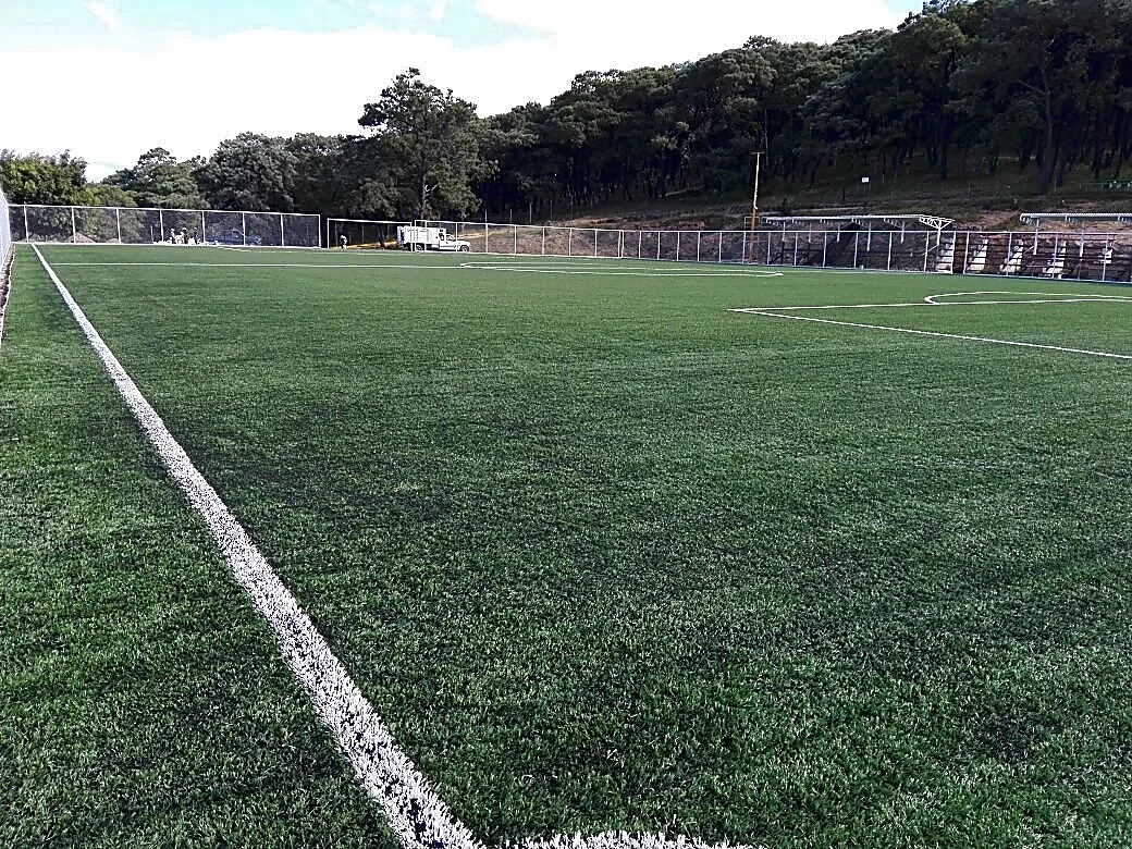Cancha de fútbol soccer con pasto sintético en Campo Santiago Tamaozla, Tlaxiaco, Oaxaca: la cancha desdel fondo