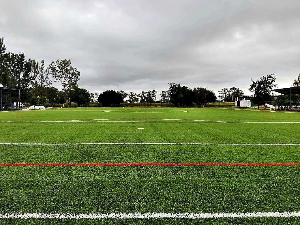 Cancha de fútbol soccer con pasto sintético en Zimatlán de Álvarez, Oaxaca: líneas de juego insertadas en el pasto