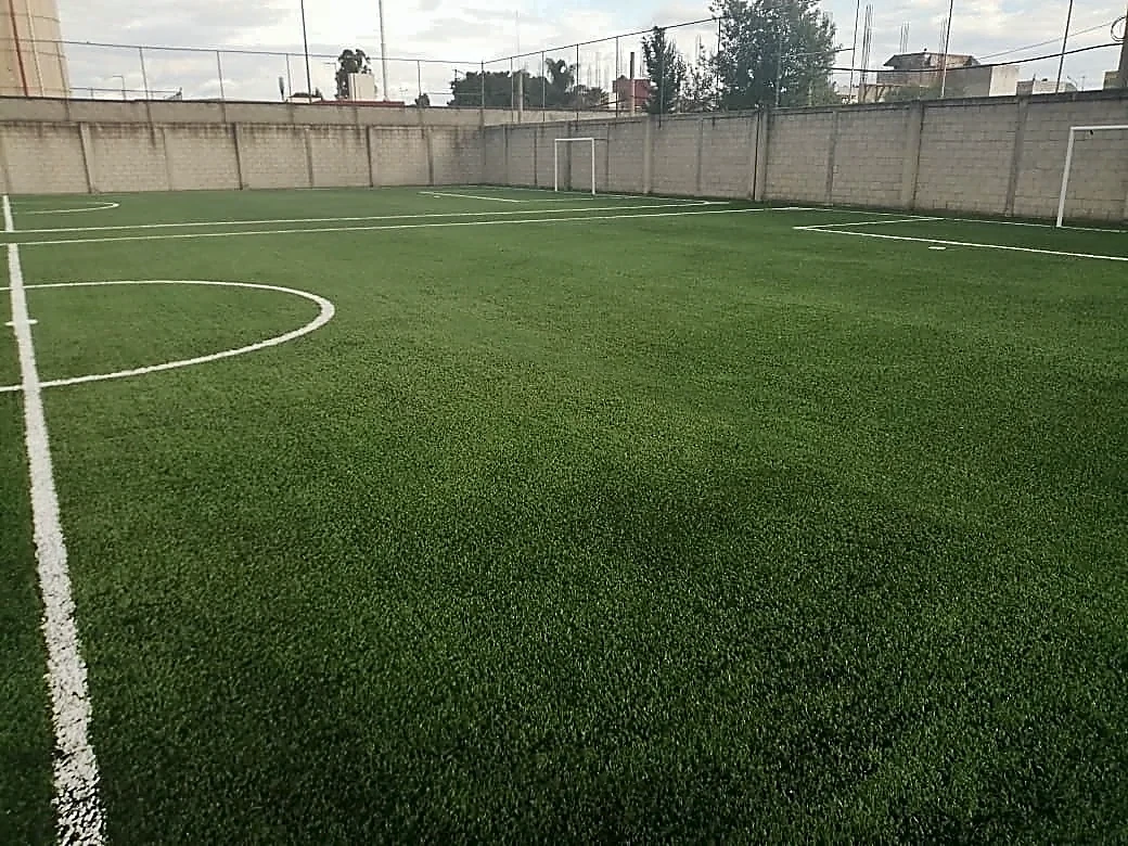 Cancha de fútbol 7 con pasto sintético en Colegio Puebla, Puebla: la cancha desde la línea lateral