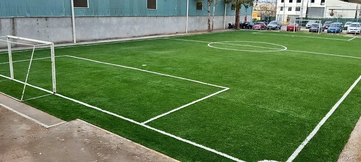 Cancha de fútbol 7 con pasto sintético en Escuela la Salle Juan Fromental Cayroche, San Francisco Totimehuacán, Puebla: la cancha desde la línea lateral