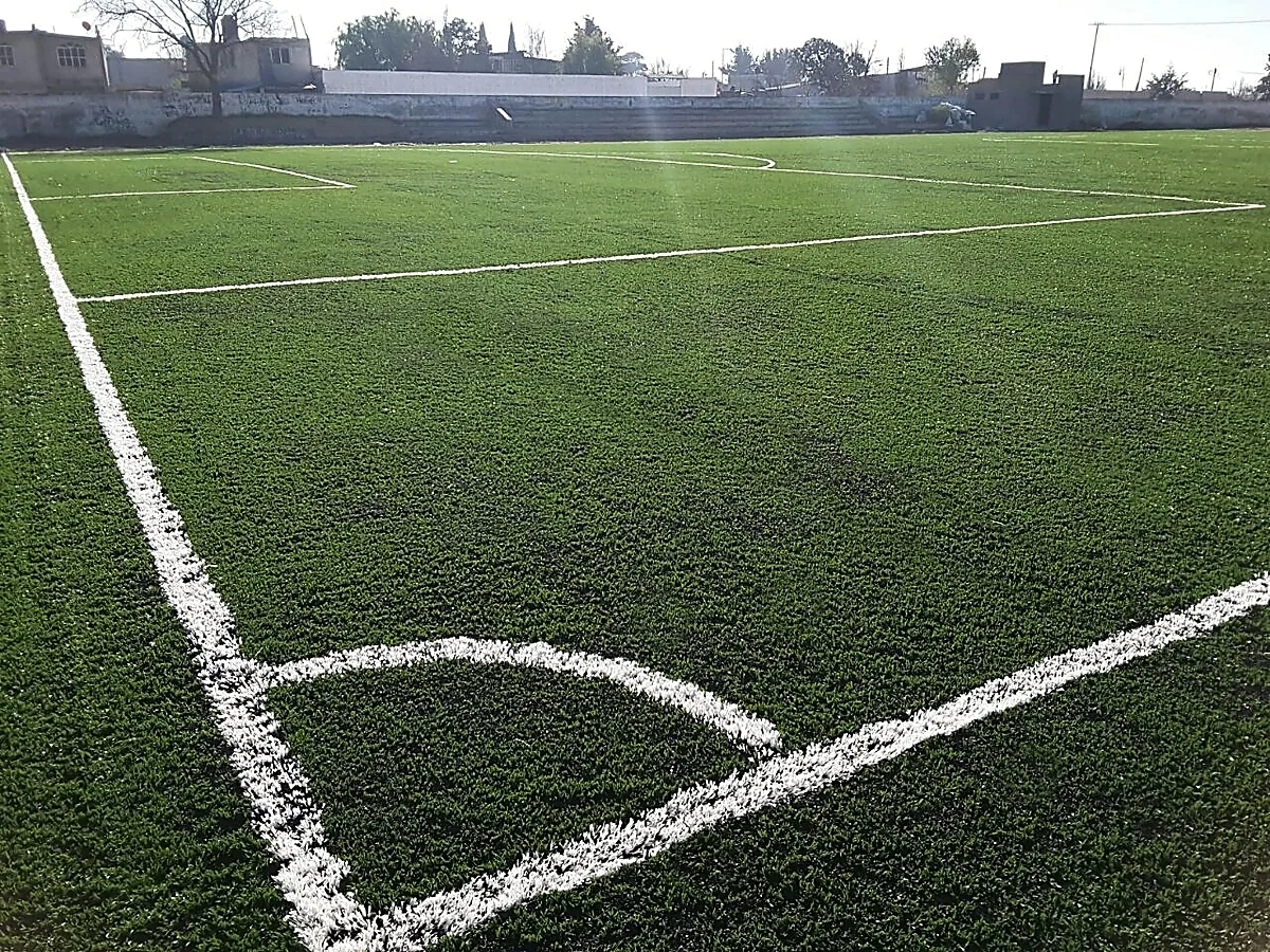 Detalle del pasto sintético de la cancha de fútbol soccer en Nopalucan, Puebla
