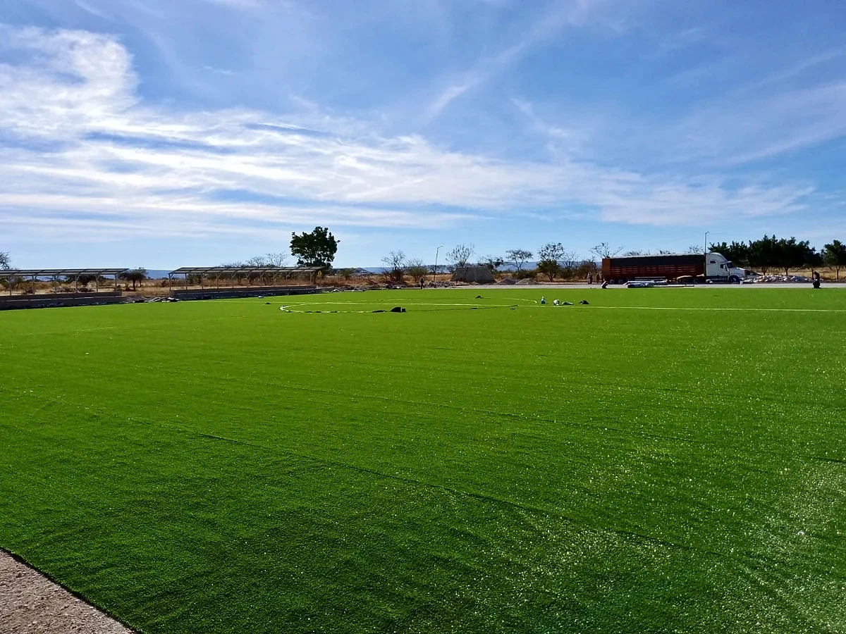 Detalle del pasto sintético de la cancha de fútbol soccer en Santa Catarina Tlaltempan, Puebla