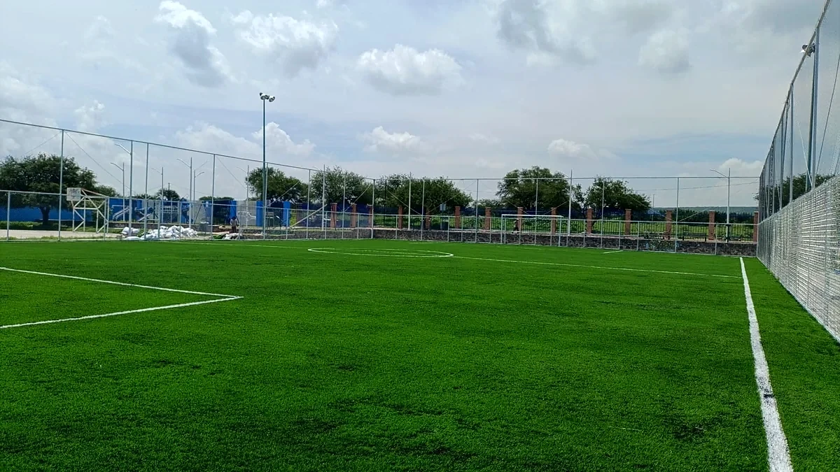 Cancha de fútbol 7 con pasto sintético en Deportivo Santa Cruz, Querétaro, Querétaro: la cancha desde la línea lateral