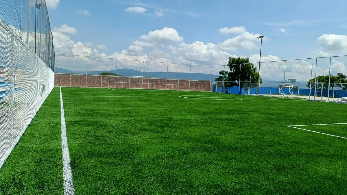 Detalle del pasto sintético de la cancha de fútbol 7 en Querétaro, Querétaro