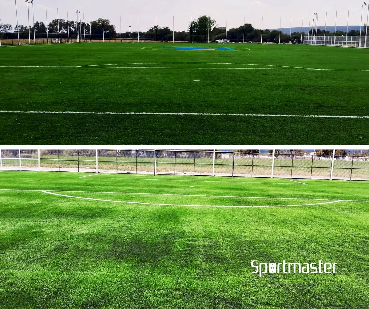 Cancha de fútbol soccer con pasto sintético en Unidad Deportiva UAQ, El Marqués, Querétaro: líneas de juego insertadas en el pasto