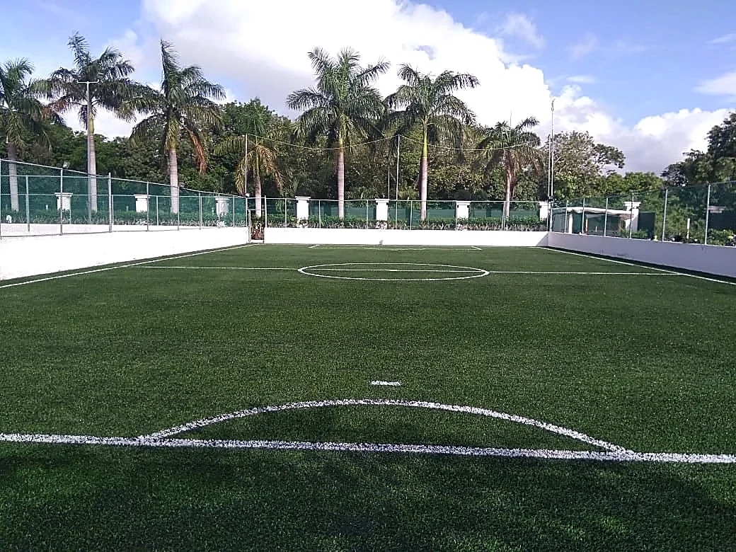 Cancha de fútbol 5 con pasto sintético en Playa del Carmen- Hotel Princess, Quintana Roo: líneas insertadas en el pasto sintético