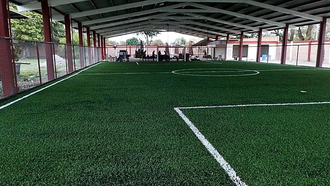 Cancha de fútbol 5 con pasto sintético en Centro Deportivo Ferro Gol, Rioverde, San Luis Potosí: la cancha desde la línea lateral