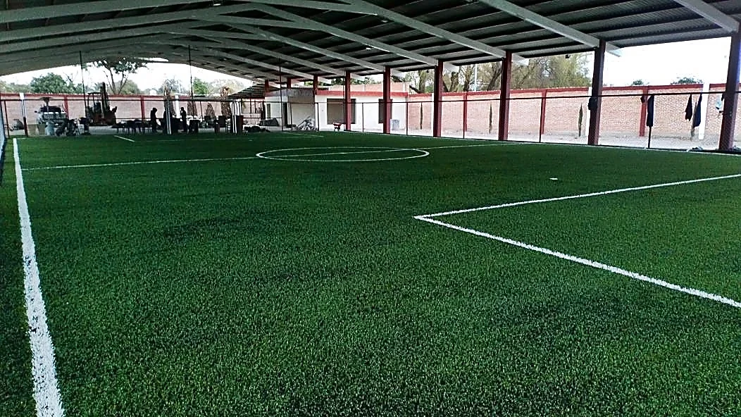 Detalle del pasto sintético de la cancha de fútbol 5 en Rioverde, San Luis Potosí