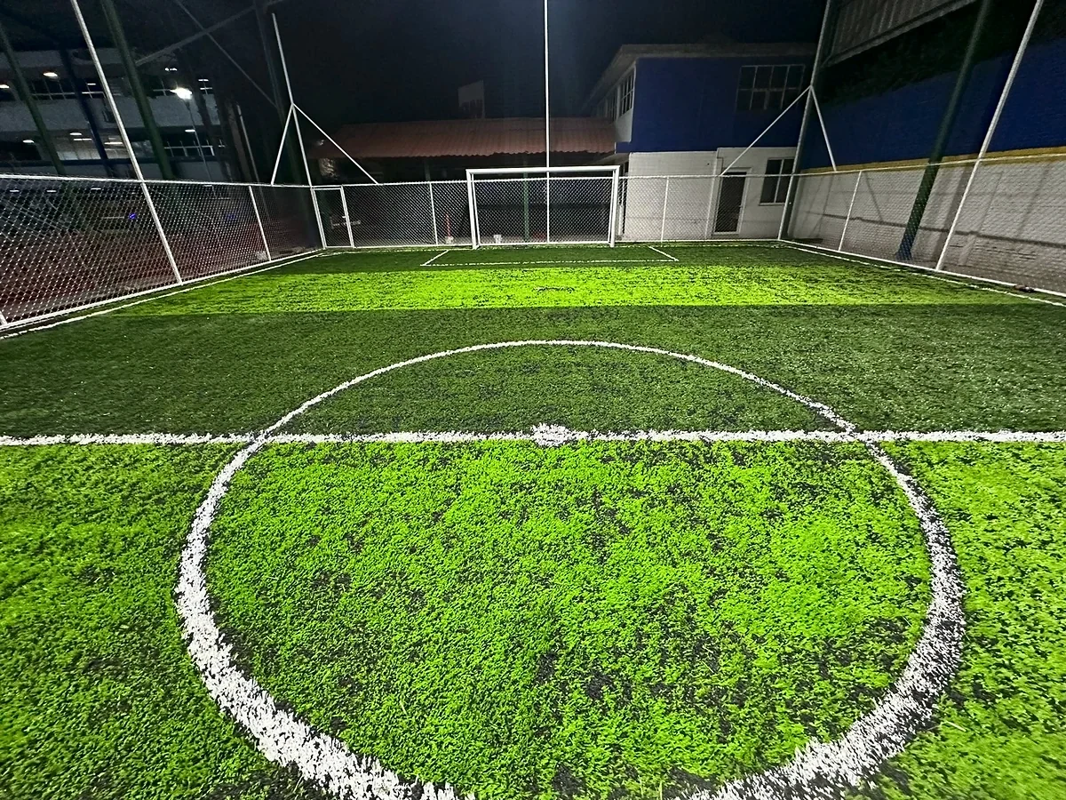 Detalle del pasto sintético de la cancha de fútbol 5 en Soledad de Graciano Sánchez, San Luis Potosí