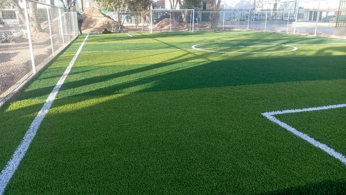 Detalle del pasto sintético de la cancha de fútbol 5 en San Luis Potosí, San Luis Potosí