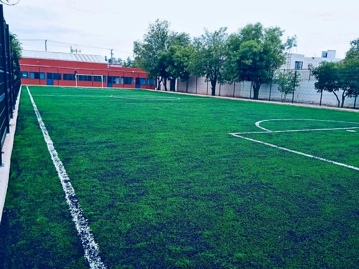 Cancha de fútbol 7 con pasto sintético en Cancha Colonia Juvenil, San Luis Potosí, San Luis Potosí: la cancha desdel fondo