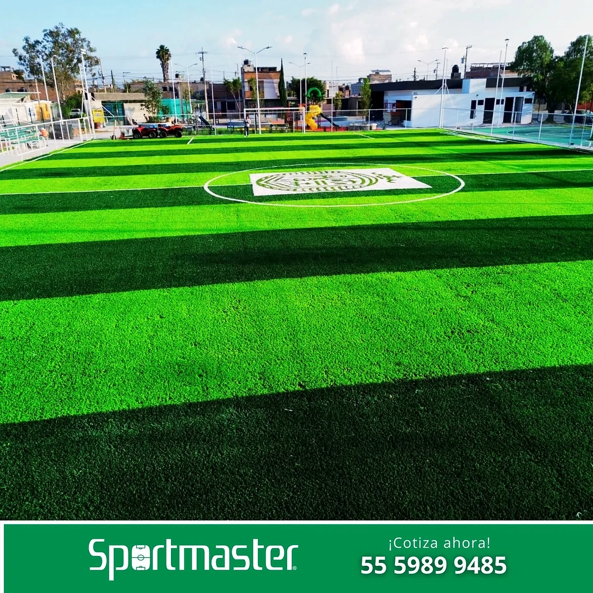 Cancha de fútbol 7 con pasto sintético en Deportivo El Palmar, Villa de Pozos, San Luis Potosí: líneas de juego insertadas en el mismo pasto