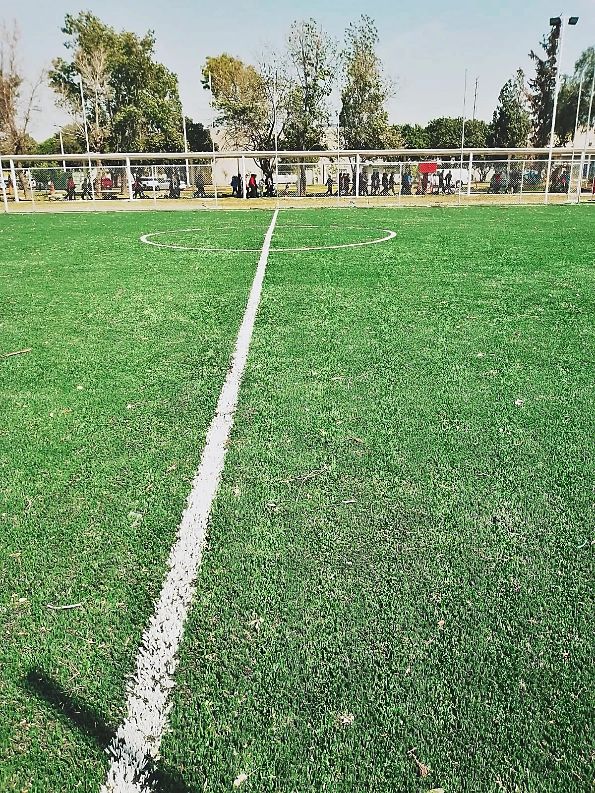 Cancha de fútbol 7 con pasto sintético en Empresa CUMMINS, San Luis Potosí, San Luis Potosí: líneas de juego insertadas en el mismo pasto