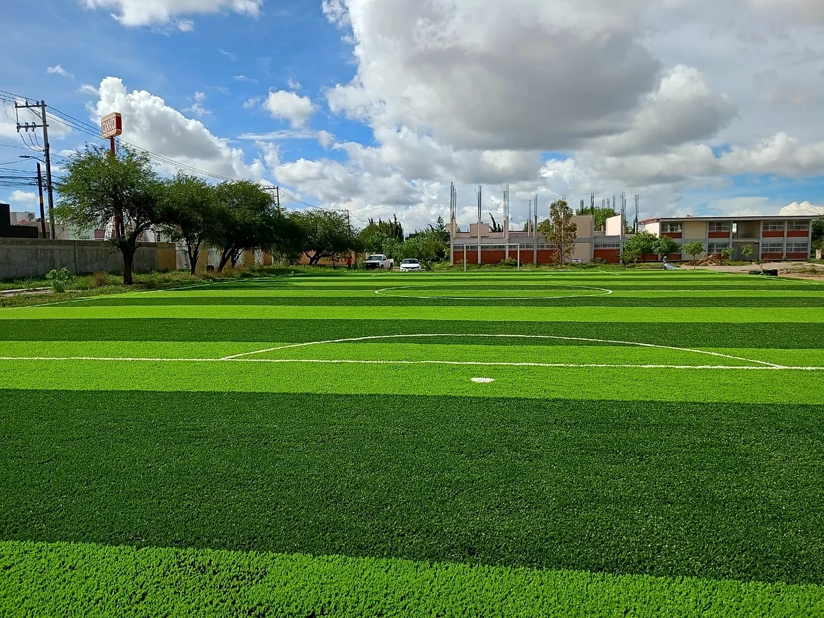 Cancha de fútbol 7 con pasto sintético en Escuela Secundaria Técnica No. 90, San Luis Potosí, San Luis Potosí: líneas de juego insertadas en el mismo pasto