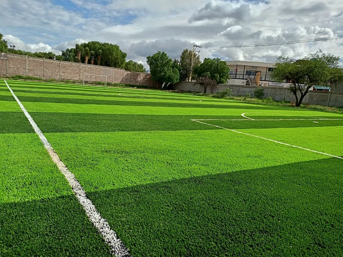 Cancha de fútbol 7 con pasto sintético en Escuela Secundaria Técnica No. 90, San Luis Potosí, San Luis Potosí: pasto sintético deportivo recién cepillado