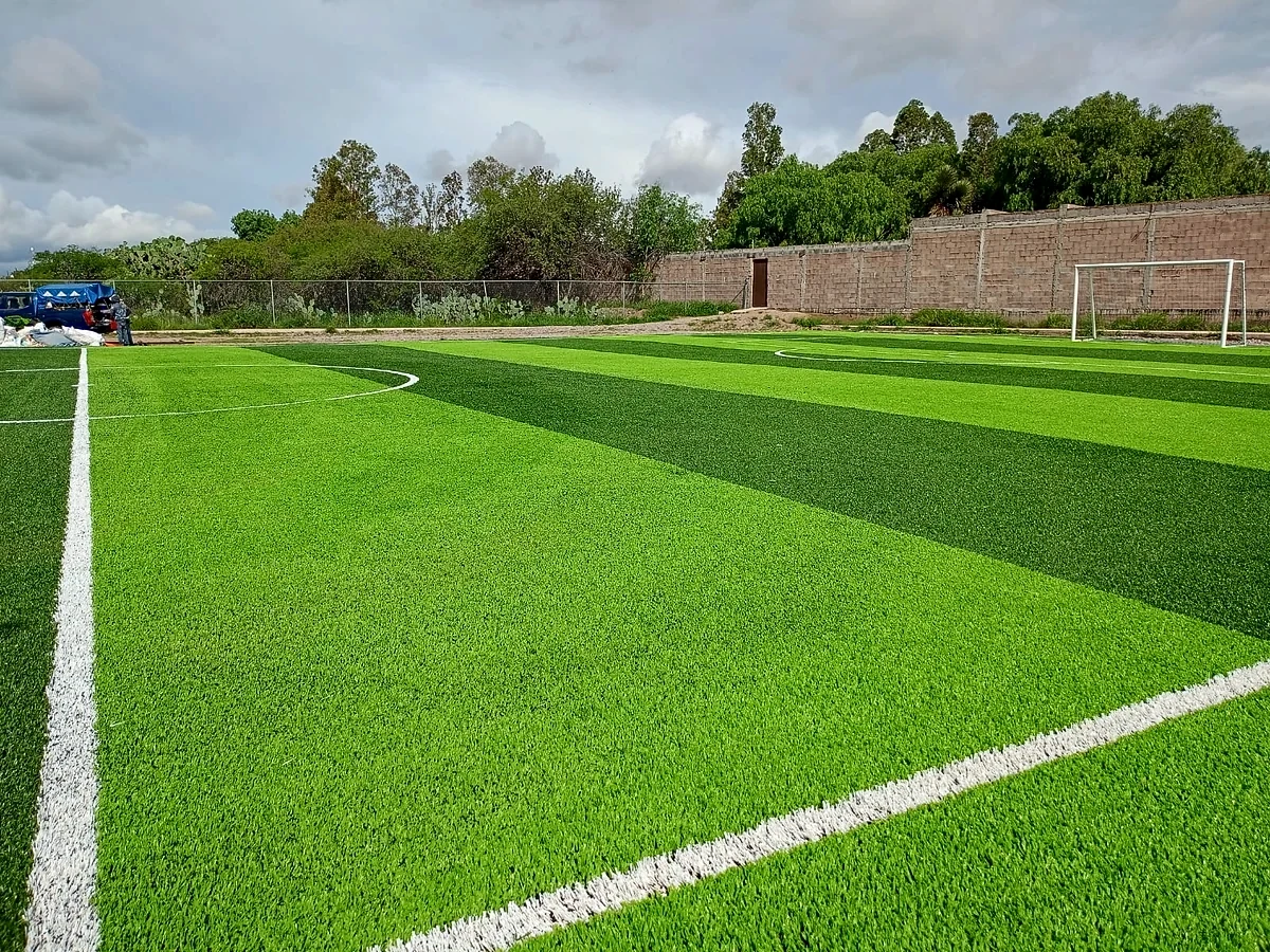 Cancha de fútbol 7 con pasto sintético en Escuela Secundaria Técnica No. 90, San Luis Potosí, San Luis Potosí: la cancha desdel fondo