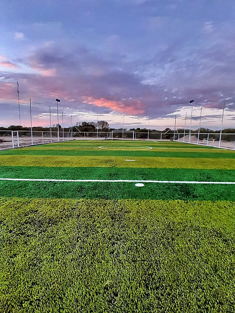 Cancha de fútbol 7 con pasto sintético en Instituto Tecnológico Superior de SLP, San Luis Potosí, San Luis Potosí: la cancha desde la línea lateral