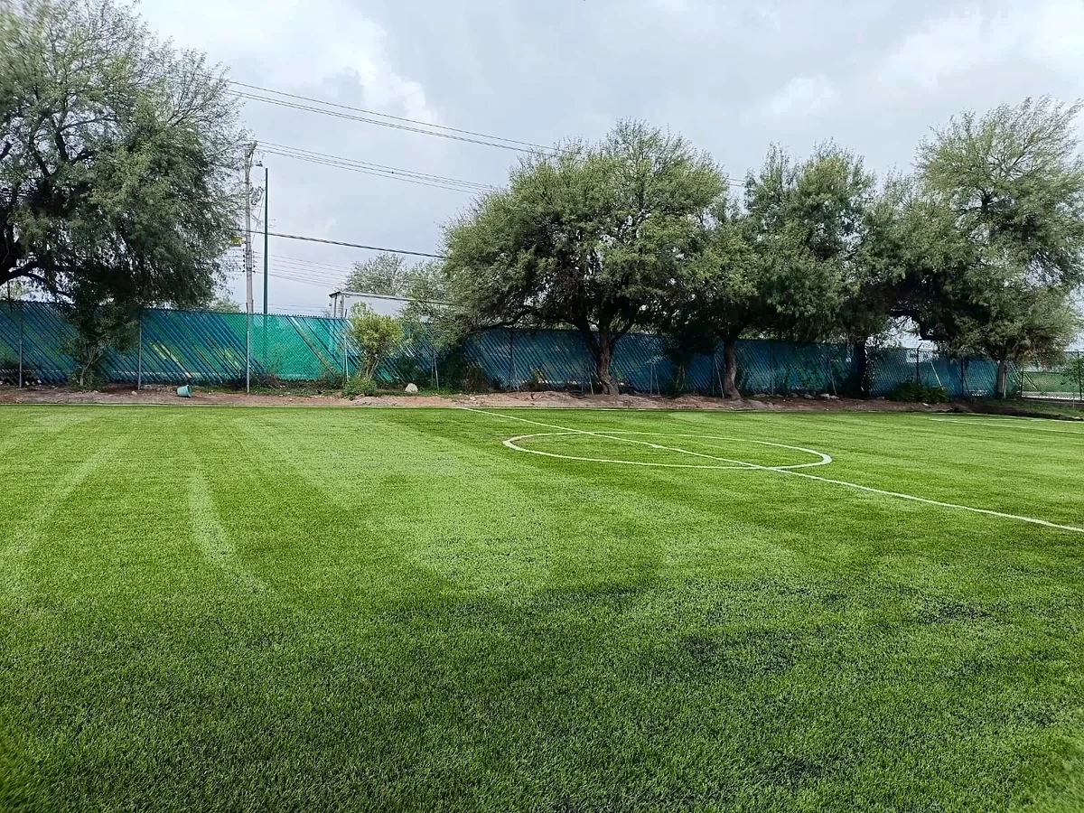Detalle del pasto sintético de la cancha de fútbol 7 en Matehuala, San Luis Potosí